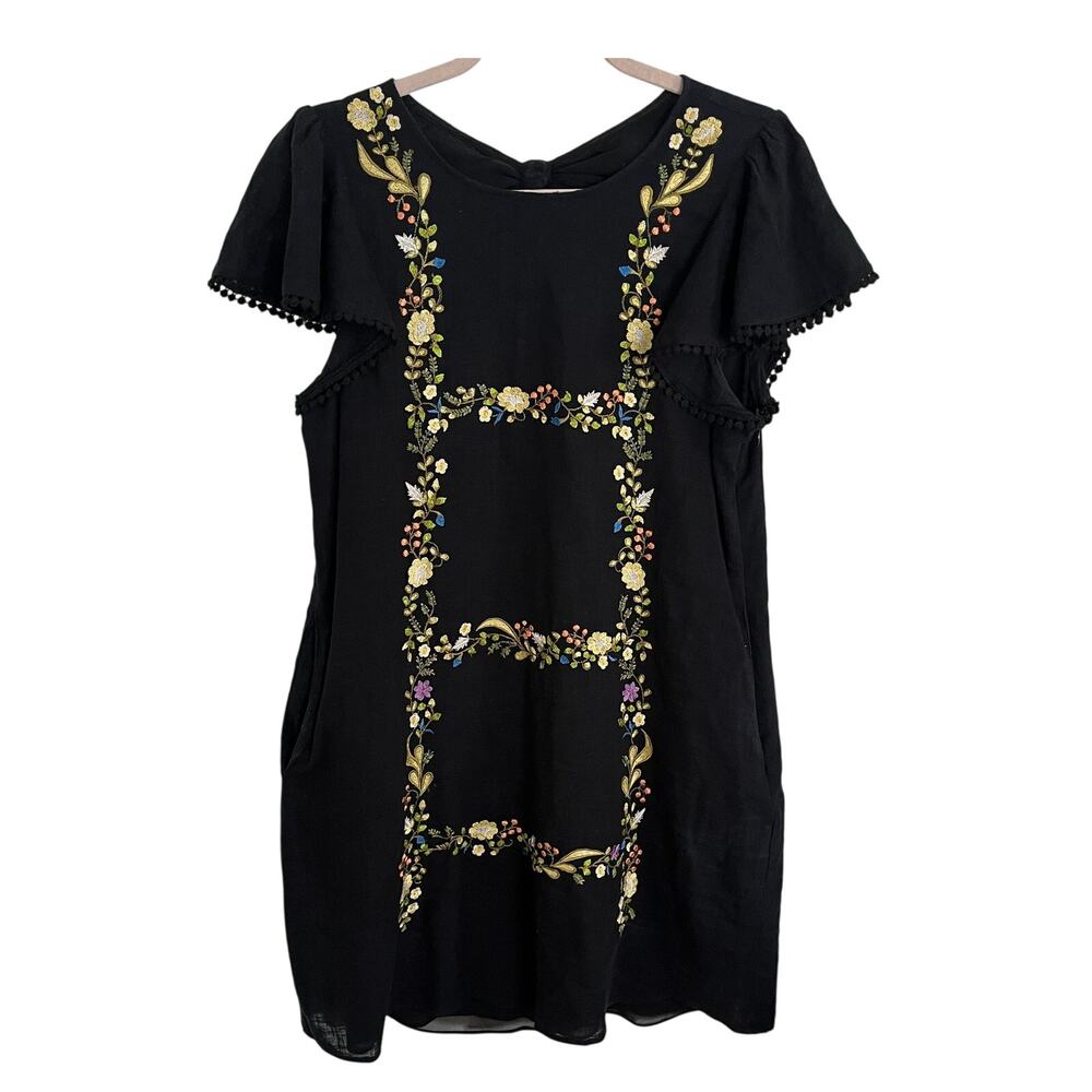 Ranna Gill Embroidered Floral Mini Dress Black Size M